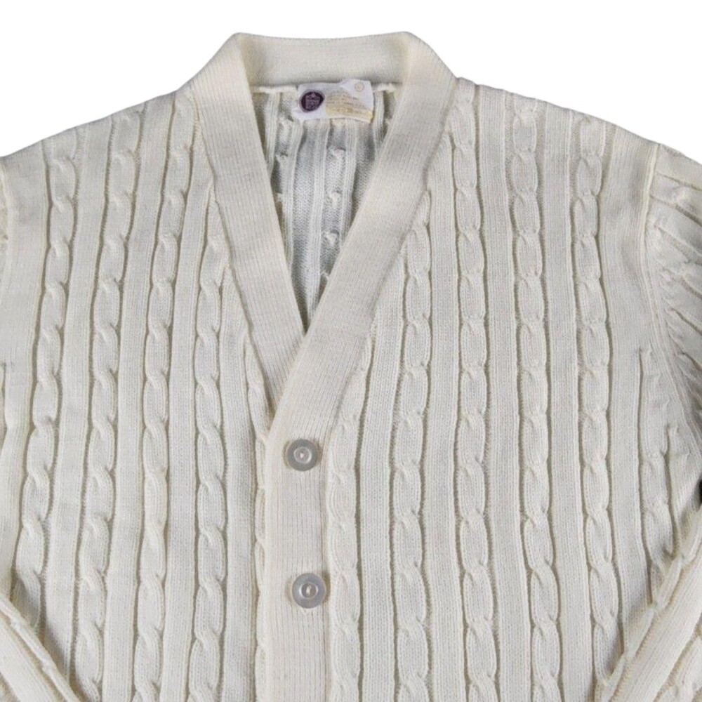 Vintage Sears Kings Road Sweater Men L White Cable Knit Cardigan Acrylic Grandpa